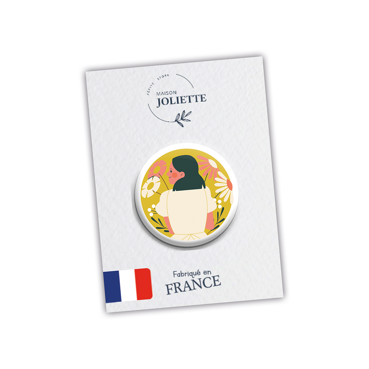 maison-joliette-badges-au-jardin-button-femme-fond-jaune-32-mm image 2